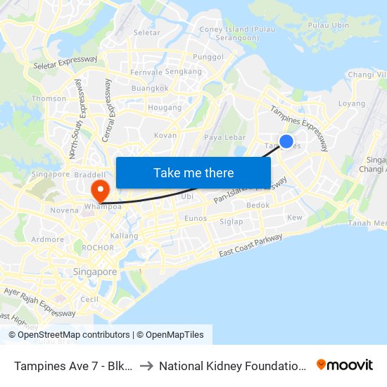 Tampines Ave 7 - Blk 503 (76199) to National Kidney Foundation Dialysis Centre map