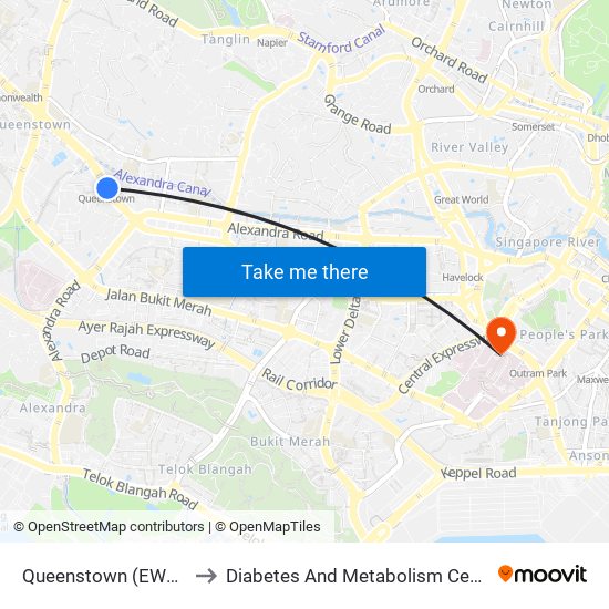 Queenstown (EW19) to Diabetes And Metabolism Centre map