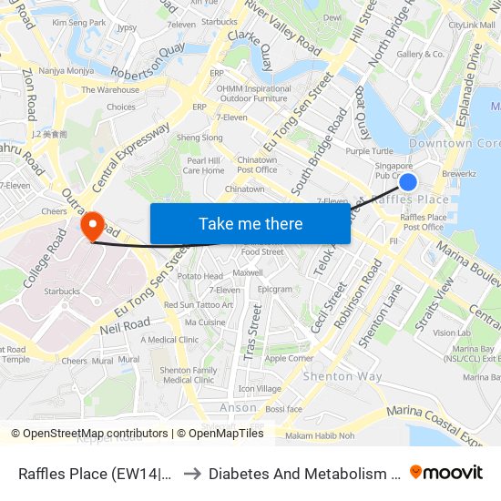 Raffles Place (EW14|NS26) to Diabetes And Metabolism Centre map