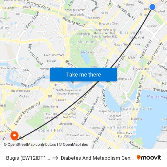 Bugis (EW12|DT14) to Diabetes And Metabolism Centre map