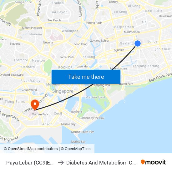 Paya Lebar (CC9|EW8) to Diabetes And Metabolism Centre map