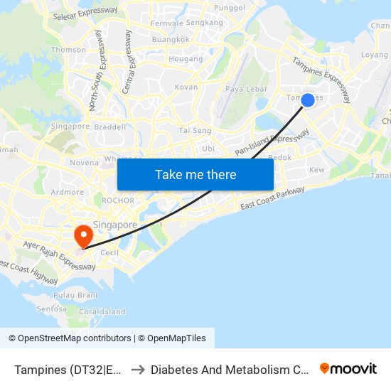 Tampines (DT32|EW2) to Diabetes And Metabolism Centre map