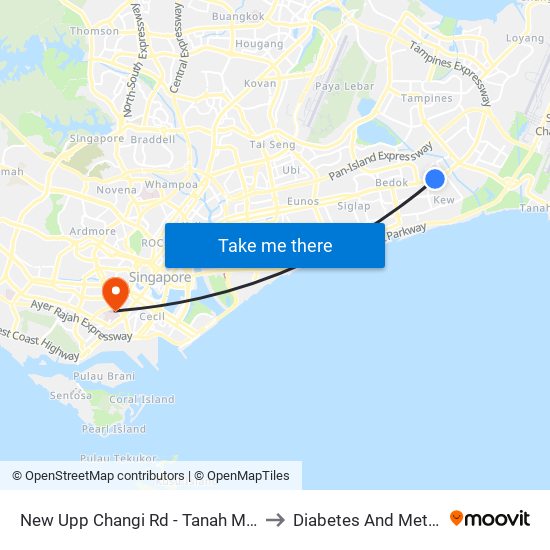 New Upp Changi Rd - Tanah Merah Stn Exit A (85099) to Diabetes And Metabolism Centre map