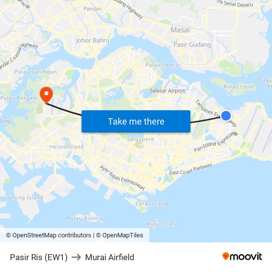 Pasir Ris (EW1) to Murai Airfield map