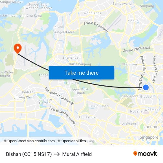 Bishan (CC15|NS17) to Murai Airfield map