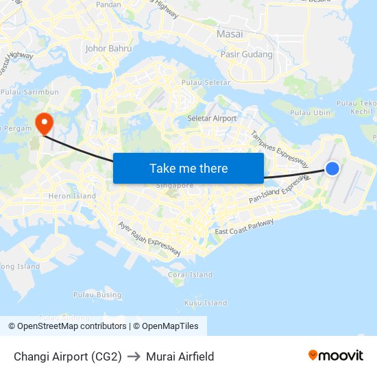 Changi Airport (CG2) to Murai Airfield map