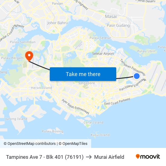 Tampines Ave 7 - Blk 401 (76191) to Murai Airfield map
