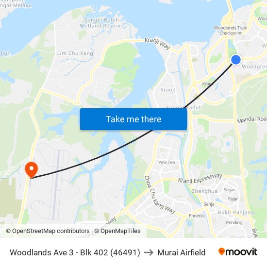 Woodlands Ave 3 - Blk 402 (46491) to Murai Airfield map