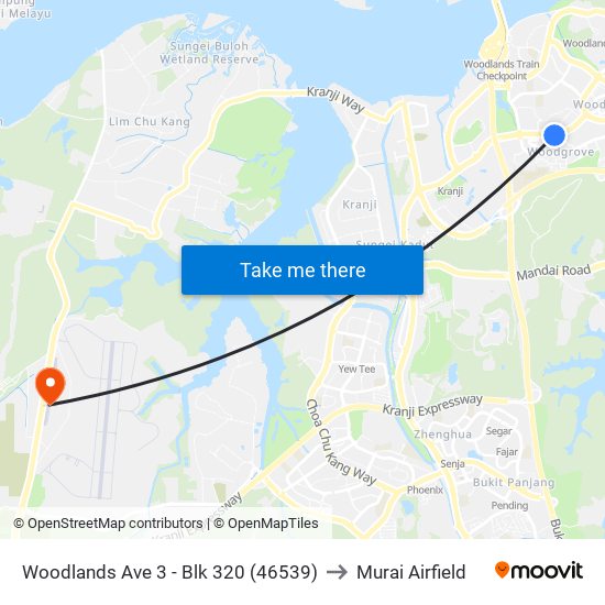 Woodlands Ave 3 - Blk 320 (46539) to Murai Airfield map