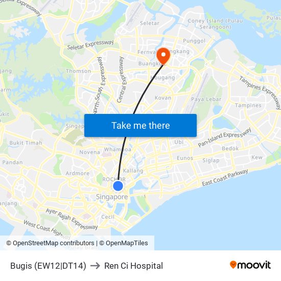 Bugis (EW12|DT14) to Ren Ci Hospital map