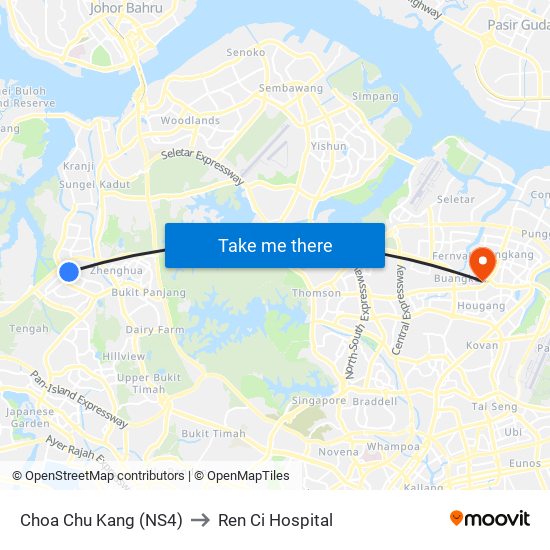 Choa Chu Kang (NS4) to Ren Ci Hospital map