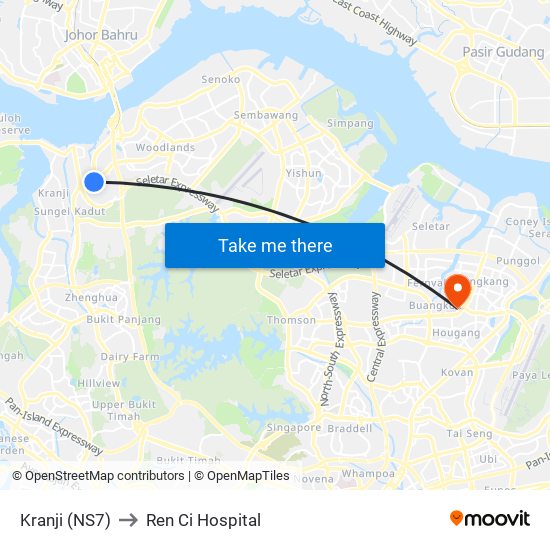 Kranji (NS7) to Ren Ci Hospital map