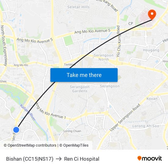 Bishan (CC15|NS17) to Ren Ci Hospital map