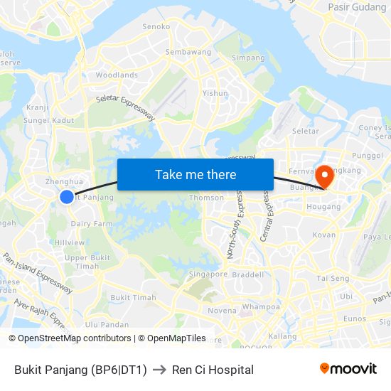 Bukit Panjang (BP6|DT1) to Ren Ci Hospital map