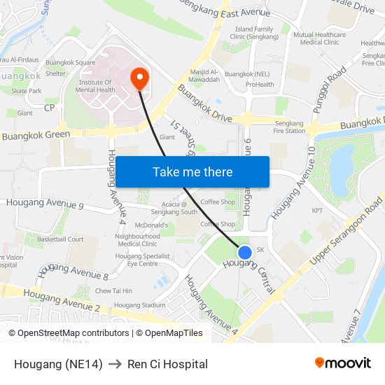 Hougang (NE14) to Ren Ci Hospital map