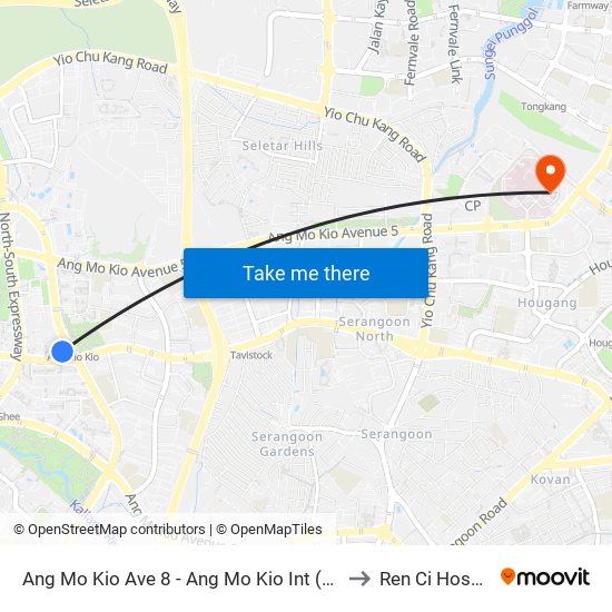 Ang Mo Kio Ave 8 - Ang Mo Kio Int (54009) to Ren Ci Hospital map