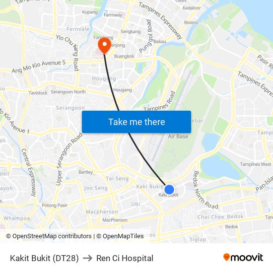 Kakit Bukit (DT28) to Ren Ci Hospital map