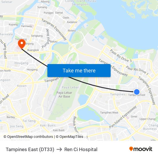 Tampines East (DT33) to Ren Ci Hospital map