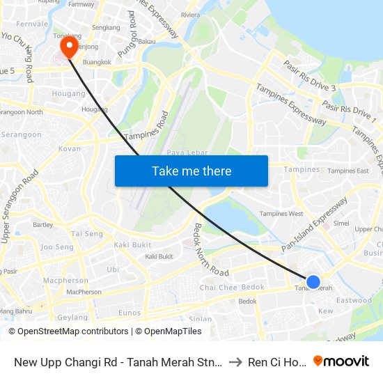 New Upp Changi Rd - Tanah Merah Stn Exit A (85099) to Ren Ci Hospital map