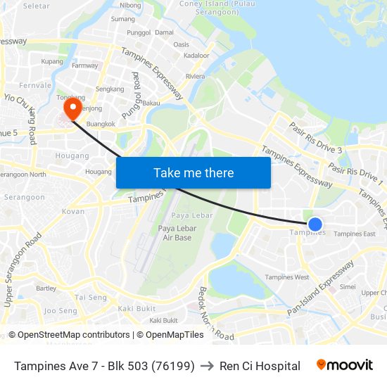 Tampines Ave 7 - Blk 503 (76199) to Ren Ci Hospital map