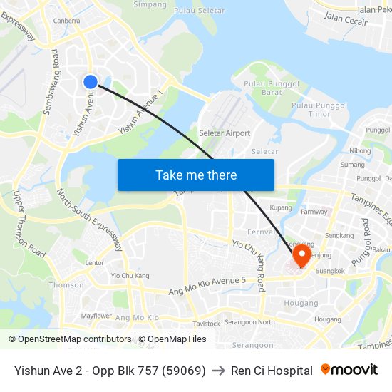 Yishun Ave 2 - Opp Blk 757 (59069) to Ren Ci Hospital map