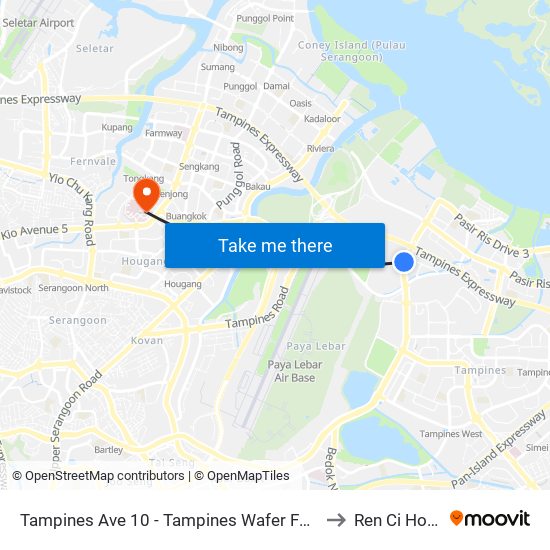Tampines Ave 10 - Tampines Wafer Fab Pk (75351) to Ren Ci Hospital map