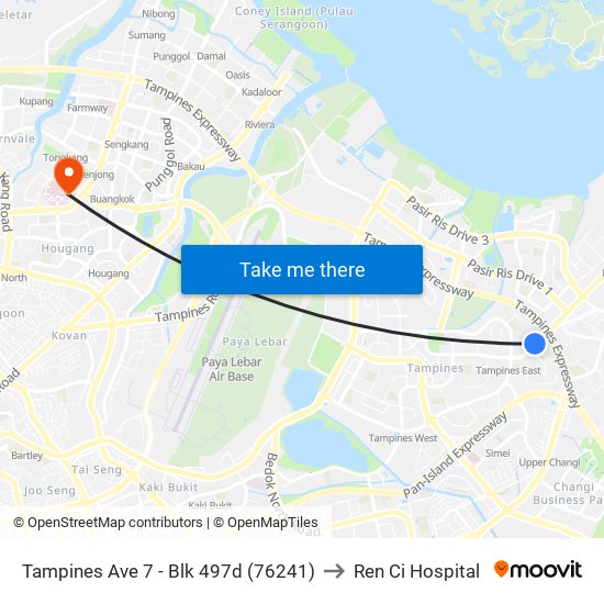 Tampines Ave 7 - Blk 497d (76241) to Ren Ci Hospital map