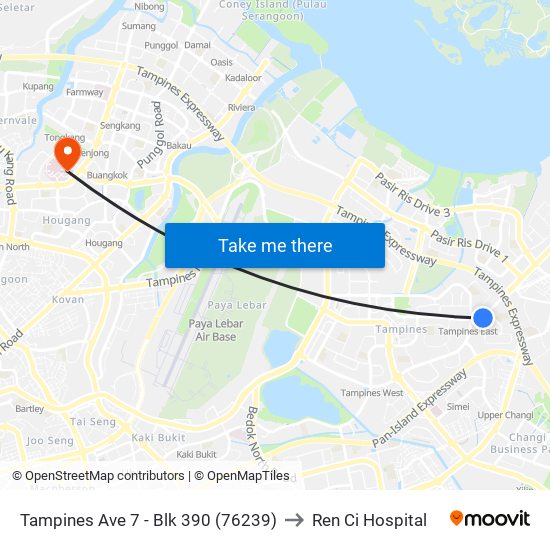 Tampines Ave 7 - Blk 390 (76239) to Ren Ci Hospital map