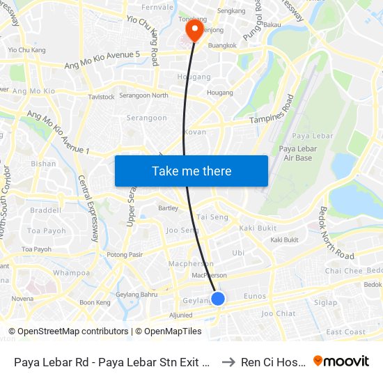 Paya Lebar Rd - Paya Lebar Stn Exit B (81111) to Ren Ci Hospital map