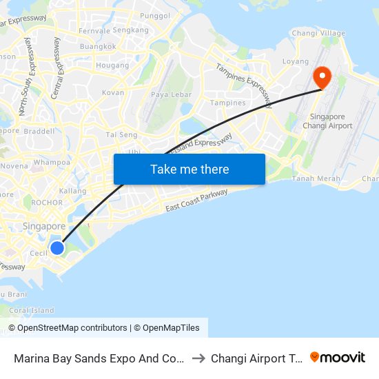 Marina Bay Sands Expo And Convention Centre to Changi Airport Terminal 1 map