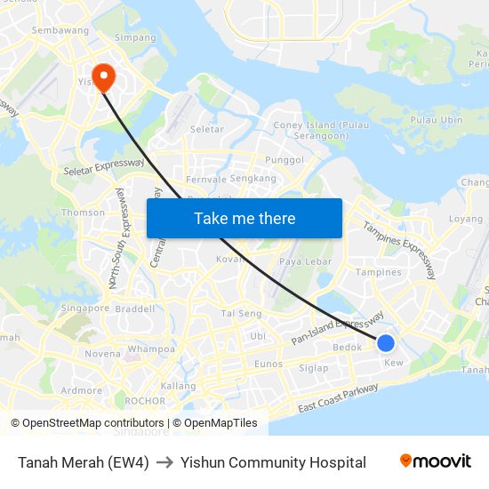 Tanah Merah (EW4) to Yishun Community Hospital map