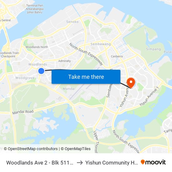 Woodlands Ave 2 - Blk 511 (46331) to Yishun Community Hospital map