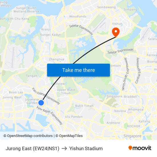 Jurong East (EW24|NS1) to Yishun Stadium map
