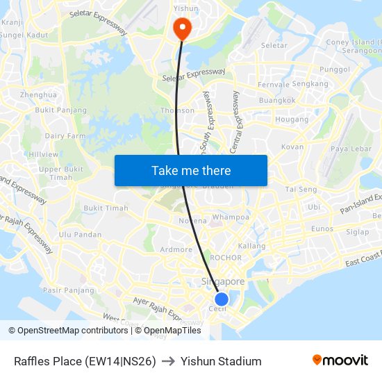 Raffles Place (EW14|NS26) to Yishun Stadium map