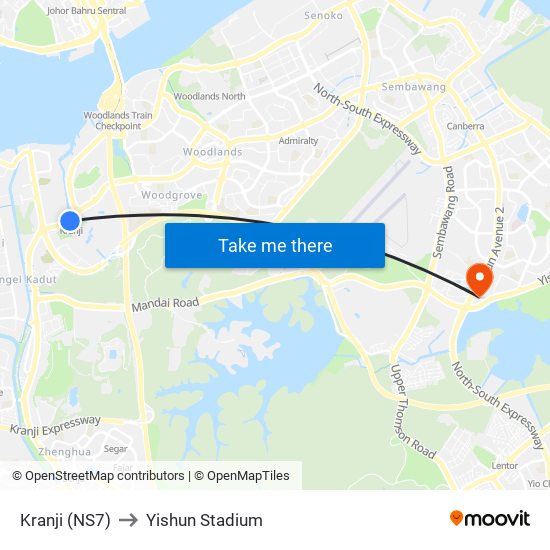 Kranji (NS7) to Yishun Stadium map