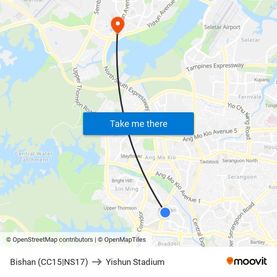 Bishan (CC15|NS17) to Yishun Stadium map
