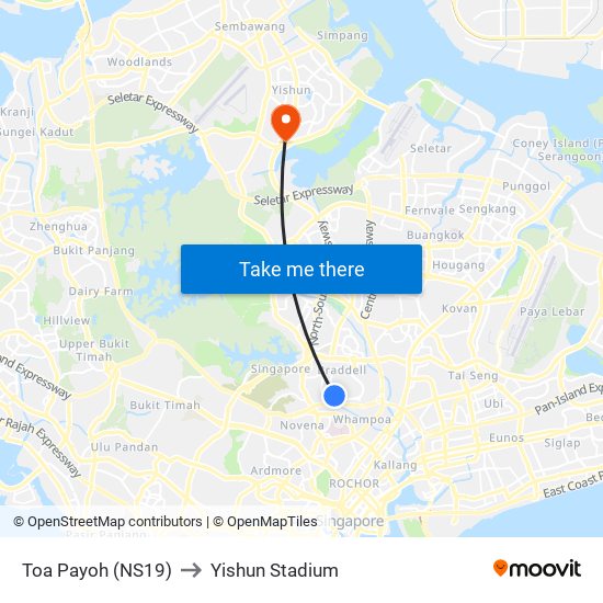 Toa Payoh (NS19) to Yishun Stadium map