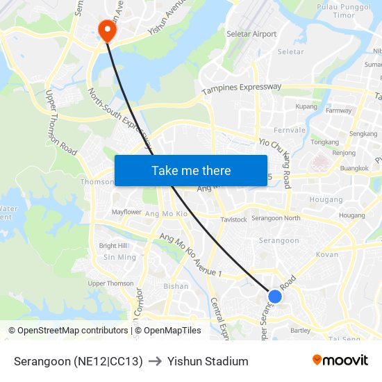 Serangoon (NE12|CC13) to Yishun Stadium map