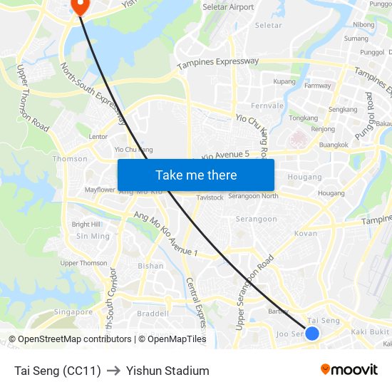 Tai Seng (CC11) to Yishun Stadium map