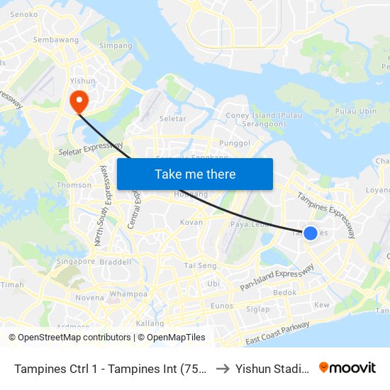 Tampines Ctrl 1 - Tampines Int (75009) to Yishun Stadium map