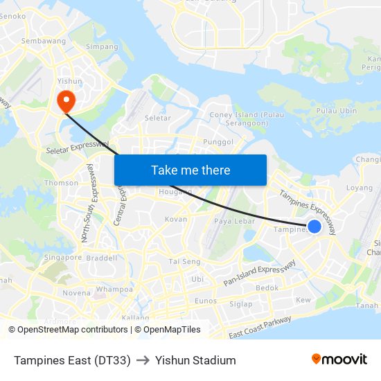 Tampines East (DT33) to Yishun Stadium map