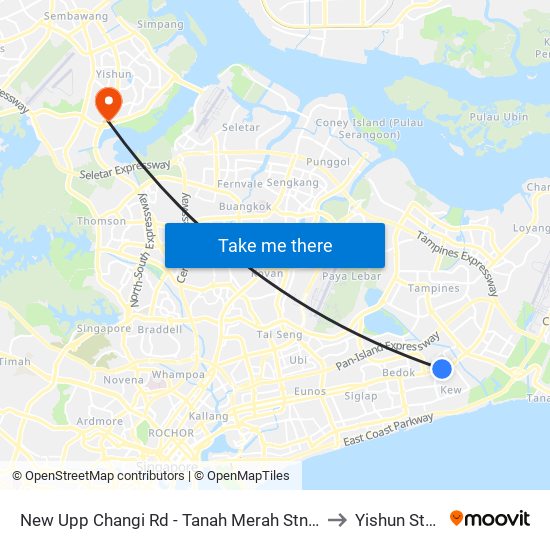 New Upp Changi Rd - Tanah Merah Stn Exit A (85099) to Yishun Stadium map