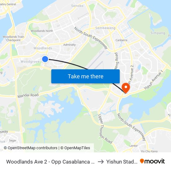 Woodlands Ave 2 - Opp Casablanca (46221) to Yishun Stadium map