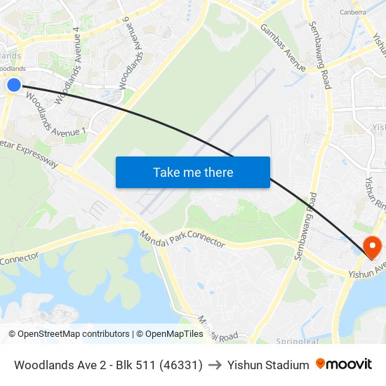 Woodlands Ave 2 - Blk 511 (46331) to Yishun Stadium map