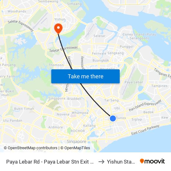 Paya Lebar Rd - Paya Lebar Stn Exit B (81111) to Yishun Stadium map