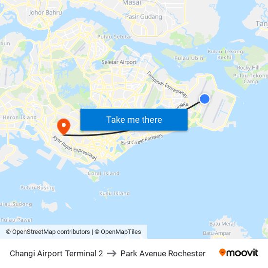 Changi Airport Terminal 2 to Park Avenue Rochester map