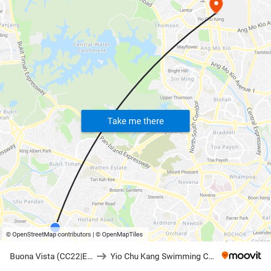 Buona Vista (CC22|EW21) to Yio Chu Kang Swimming Complex map