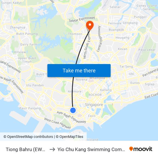 Tiong Bahru (EW17) to Yio Chu Kang Swimming Complex map