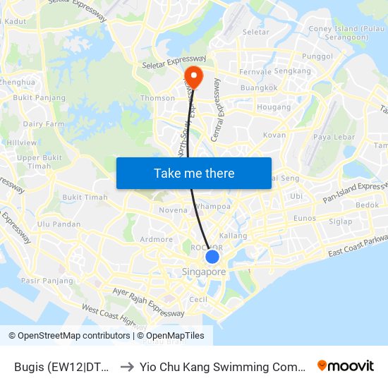 Bugis (EW12|DT14) to Yio Chu Kang Swimming Complex map