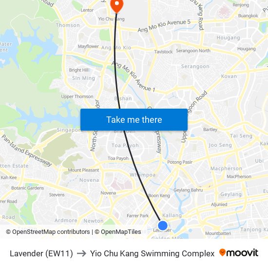Lavender (EW11) to Yio Chu Kang Swimming Complex map
